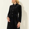 Women's Velvet Jacket Contrast Trim Pockets Stand Collar Single Breasted Long Coat