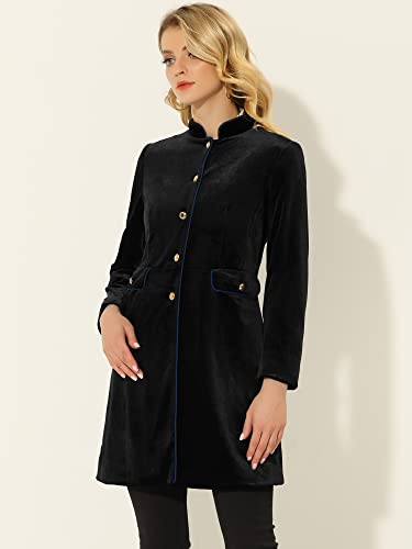 Women's Velvet Jacket Contrast Trim Pockets Stand Collar Single Breasted Long Coat