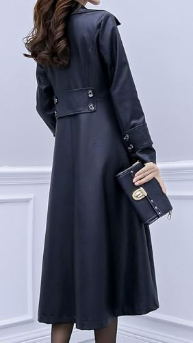Women's Elegant Lapel Collar 2 Button Fit-Flare Pu Leather Long Trench Coat
