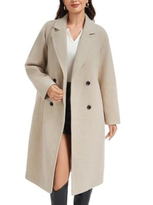 Women's Long Pea Coat Double Breasted Notch Lapel Trench Coat Office Work Peacoat Jacket Dress Coat