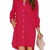 Womens Button Down Shirt Dresses with Pockets Cotton Button Up Tunics Long Sleeve Solid High Low Blouse Tops