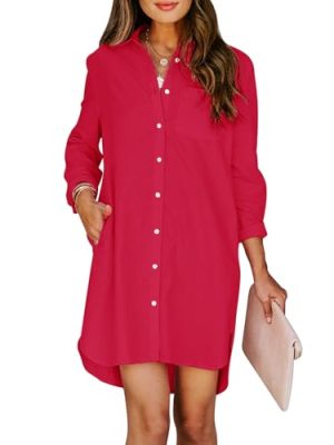 Womens Button Down Shirt Dresses with Pockets Cotton Button Up Tunics Long Sleeve Solid High Low Blouse Tops