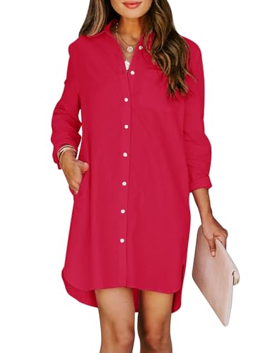 Womens Button Down Shirt Dresses with Pockets Cotton Button Up Tunics Long Sleeve Solid High Low Blouse Tops