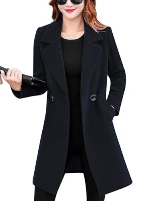Womens Elegant Notched Collar Button Wool Blend Solid Long Pea Coat Overcoat
