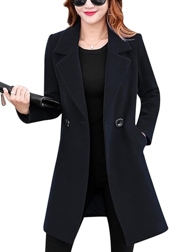 Womens Elegant Notched Collar Button Wool Blend Solid Long Pea Coat Overcoat