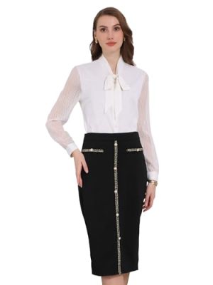 Women's Pencil Skirt High Waist Tweed Trim Stretchy Office Work Bodycon Midi Skirts