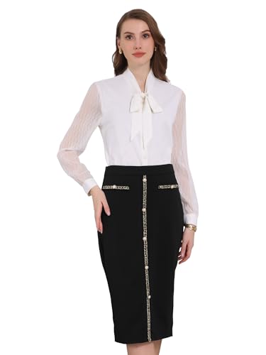 Women's Pencil Skirt High Waist Tweed Trim Stretchy Office Work Bodycon Midi Skirts