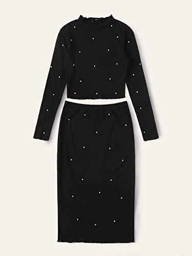 Two Piece Outfits for Women Pearl Beaded Lettuce Edge Rib-Knit Tee and Pencil Skirt Set (Color : Black, Size : X-Small)