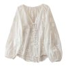 Women's Peasant Blouses Floral Embroidered Tops Long Sleeve Tie Front Button Up Boho Tunic Shirt