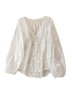 Women's Peasant Blouses Floral Embroidered Tops Long Sleeve Tie Front Button Up Boho Tunic Shirt