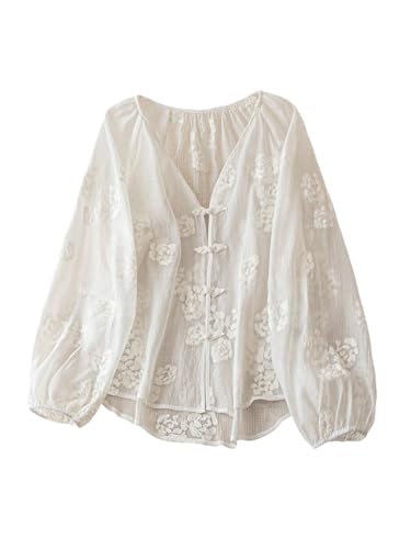 Women's Peasant Blouses Floral Embroidered Tops Long Sleeve Tie Front Button Up Boho Tunic Shirt