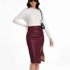Women's Fuax Leather Skirt High Waisted Ruched Front Slit Bodycon Slim Pencil Midi Skirts