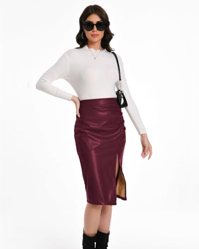 Women's Fuax Leather Skirt High Waisted Ruched Front Slit Bodycon Slim Pencil Midi Skirts