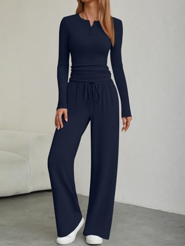 Women's 2 Piece Matching Lounge Sets Fall Fashion Two Pieces Sweat Outfits Long Sleeve Wide Leg Pants Tracksuits