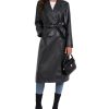 Women's Black Faux Leather Long Coat PU Leather Notched Lapel Trench Coat Open Front Maxi Jacket Overcoat