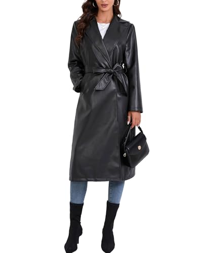 Women's Black Faux Leather Long Coat PU Leather Notched Lapel Trench Coat Open Front Maxi Jacket Overcoat