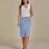 Jean Skirts for Women Denim Trendy Summer Casual Stretchy High Waisted Midi Below Knee Pencil Skirt with Slit