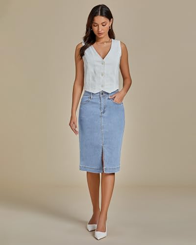 Jean Skirts for Women Denim Trendy Summer Casual Stretchy High Waisted Midi Below Knee Pencil Skirt with Slit