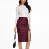 Women's Fuax Leather Skirt High Waisted Ruched Front Slit Bodycon Slim Pencil Midi Skirts