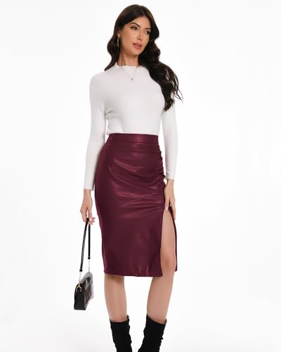 Women's Fuax Leather Skirt High Waisted Ruched Front Slit Bodycon Slim Pencil Midi Skirts