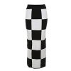 Women High Waist Plaid Elastic Long Skirts Side Split Knit Bodycon Midi Skirt