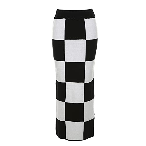 Women High Waist Plaid Elastic Long Skirts Side Split Knit Bodycon Midi Skirt
