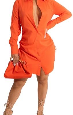 Women's Casual Long Sleeve Button Down Shirts Mini Dress Sexy V Neck T-Shirts Tops Loose Collar Long Blouse Wrap Dress