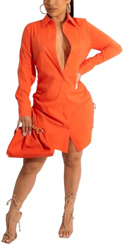 Women's Casual Long Sleeve Button Down Shirts Mini Dress Sexy V Neck T-Shirts Tops Loose Collar Long Blouse Wrap Dress