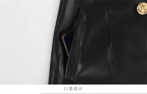 Women Extra Long Red Black Pu Leather Trench Coat Gold Button Double Breasted Elegant Chic Overcoat