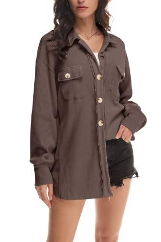 Womens Waffle Knit Shacket Oversized Button Down Shirt Jacket Lightweight Spring Outfits Clothes
