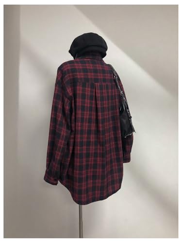 Women's Vintage Button Down Long Sleeve Flannel Plaid Collared Shirt Shacket Blouse