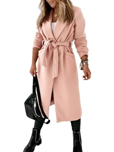 Womens Notched Lapel Collar Coats Open Front Long Jackets Overcoat with Belt