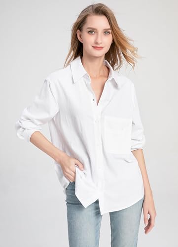 Women's Long Sleeve Shirts Button Down Blouse Cotton Tunic High Low Tops