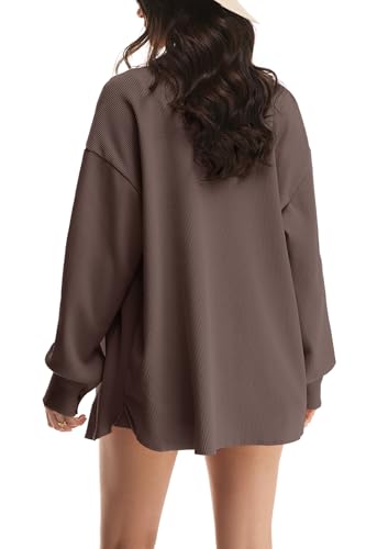 Womens Waffle Knit Shacket Oversized Button Down Shirt Jacket Lightweight Spring Outfits Clothes