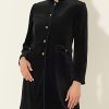Women's Velvet Jacket Contrast Trim Pockets Stand Collar Single Breasted Long Coat