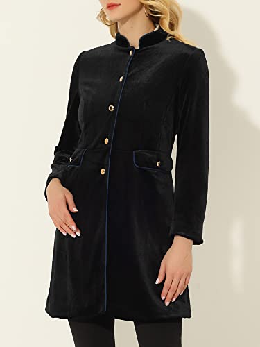 Women's Velvet Jacket Contrast Trim Pockets Stand Collar Single Breasted Long Coat