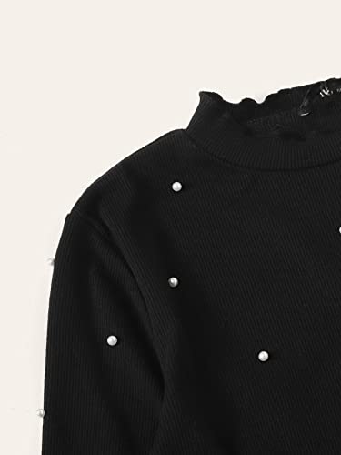Two Piece Outfits for Women Pearl Beaded Lettuce Edge Rib-Knit Tee and Pencil Skirt Set (Color : Black, Size : X-Small)