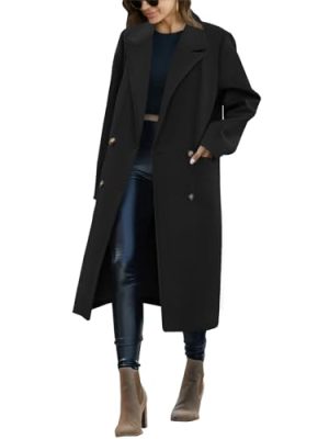 Womens Trench Coat Winter Lapel Double Breasted Long Pea Coat Casual Work Office Overcoat with Pocket