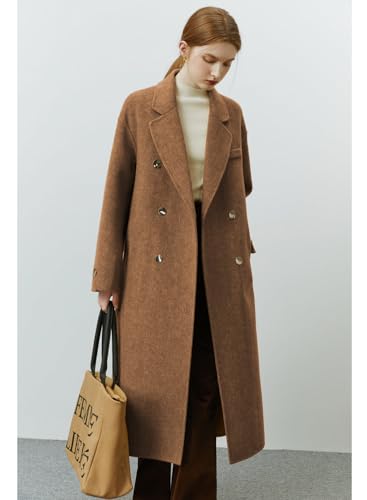 Womens Pea Coats Fall Long Trench Coat Double Breasted Button Down Lapel Belted Peacoat