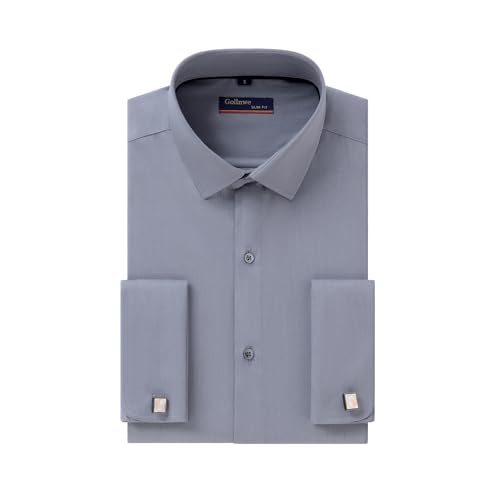 Men's Dress Shirt French Cuff Shirt for Men Slim Fit Stretch Spread Collar with Metal Cufflink