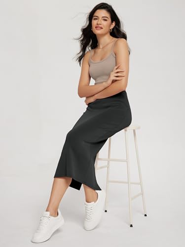 Modal Soft Midi Skirt for Women Back Slit High Waist Casual Long Pencil Skirts with Pockets
