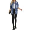 Women Denim Shirt Jacket Long Sleeve Shacket Coat Distressed Washed Ripped Frayed Hem Jean Jacket