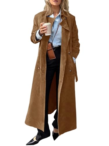 Womens Long Trench Coat Fall Faux Suede Jackets Double Breasted Lapel Pea Coat with Belt