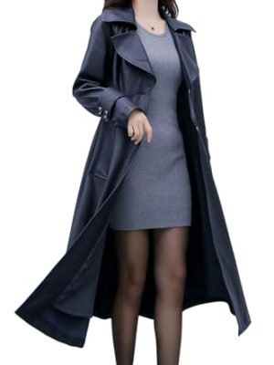 Women's Elegant Lapel Collar 2 Button Fit-Flare Pu Leather Long Trench Coat
