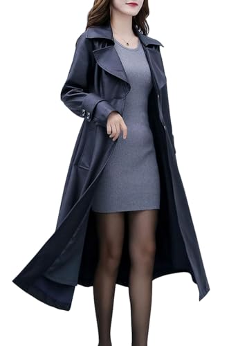 Women's Elegant Lapel Collar 2 Button Fit-Flare Pu Leather Long Trench Coat