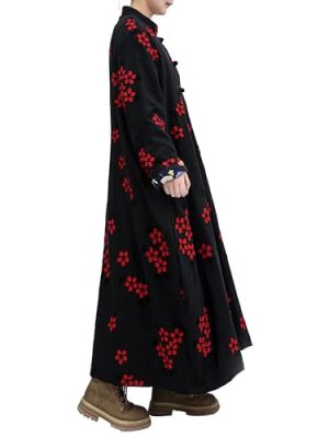 Women Trench Coat Floral Embroidered Jacket Long Cotton Linen Jacke Cottagecore Clothing Patchwork Outwear