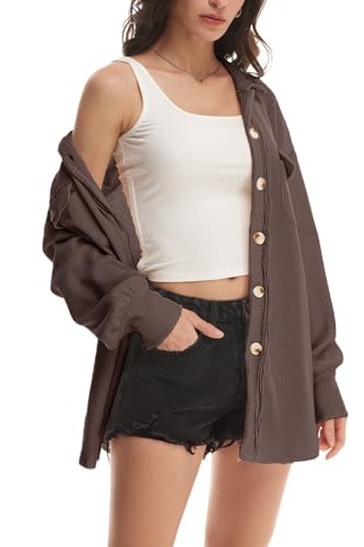 Womens Waffle Knit Shacket Oversized Button Down Shirt Jacket Lightweight Spring Outfits Clothes