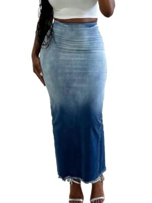 Stylish Women's High Rise Zipper Back Jean Skirt Split Hem Fringe Long Jean Pencil Perfect for Fashion Forward Women Blue