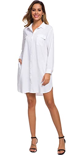 Women's Long Sleeve V Neck Button Down Shirt Dresses Casual Summer Dress with Pocket