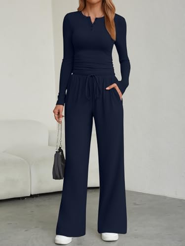 Women's 2 Piece Matching Lounge Sets Fall Fashion Two Pieces Sweat Outfits Long Sleeve Wide Leg Pants Tracksuits